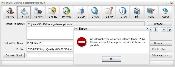 AVS Video Converter 6.2 - An internal error was encountered (code: 256).