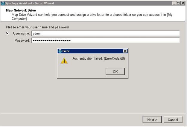 Synology system and Windows error -Authentication failed. (ErrorCode:58)