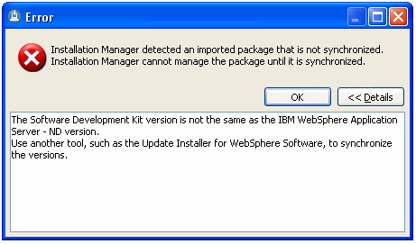 Installation Manager detected an imported package that is not synchronized