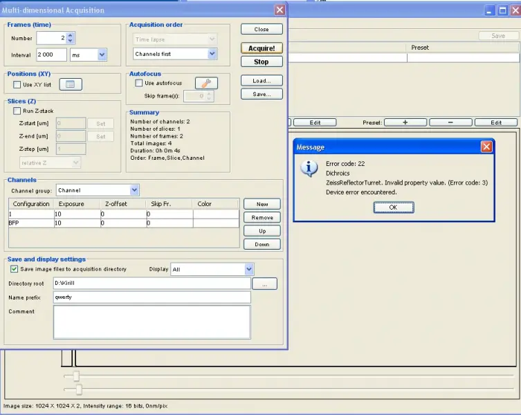 Error code 22 Dichroics ZeissReflectorTurret. Invalid property value. Error code: 3. Device error encountered