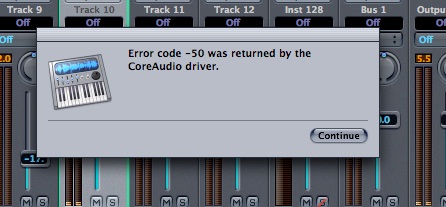 Error code -50 was returned by the CoreAudio driver