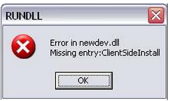 RUNDLL Error in newdev.dll Missing entry:ClientSideInstall