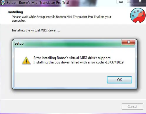 Error installing Bome’s virtua; MIDI driver support: Installing the bus driver failed with error code -1073741819