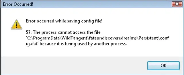 Error occurred while saving config file! 57: The process cannot access the file