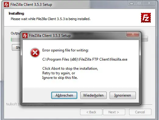 Error opening file for writing: C:Program Files (x86) FileZilla FTP Client  filezilla.exe Click Abort to stop the installation, Retry to try again, or Ignore to skip this file