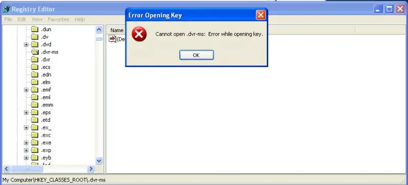 Registry editor error opening key