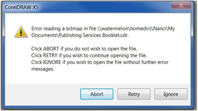 CorelDraw Error reading a bitmap in file