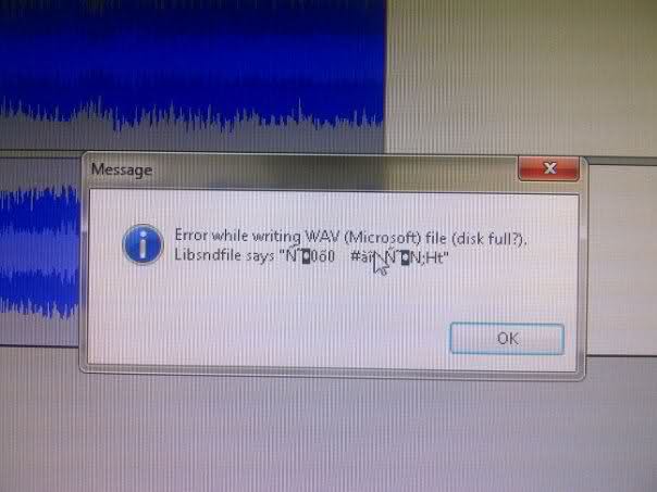 Error while writing WAV (Microsoft) file (disk full?).