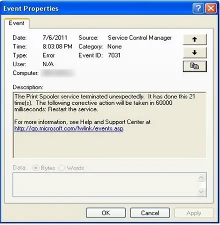 Event properties Print Spoiler service terminated unexpectedly