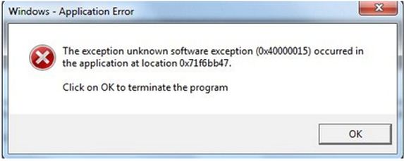 Unknown software exception in the application at location 0x71f6bb47