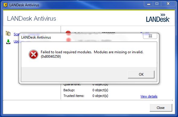 LANDesk Antivirus  Failed to load required modules. Modules are missing or invalid (0X80040259)