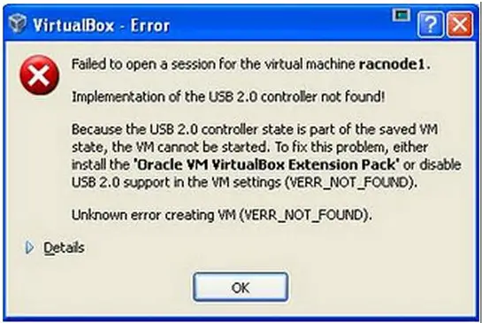 VirtualBox - Error Failed to open a session for the virtual machine Implementation of the USB 2.0 controller not found!