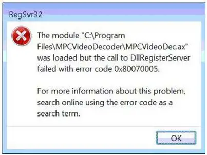 Loaded but the call to DllRegisterServer failed with error code 0x80070005.