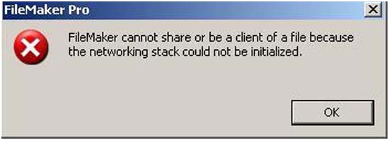 FileMaker cannot share or be a client of a file because the networking stack could not be initialized