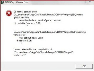 GPU Caps Viwer Error CL Kernel compiler error