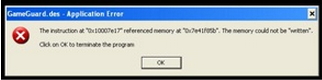 GameGuaard.des – Application Error The instruction at “0x10007e17” referenced memory at “0x7e41f85b”. The memory could not be: written”.