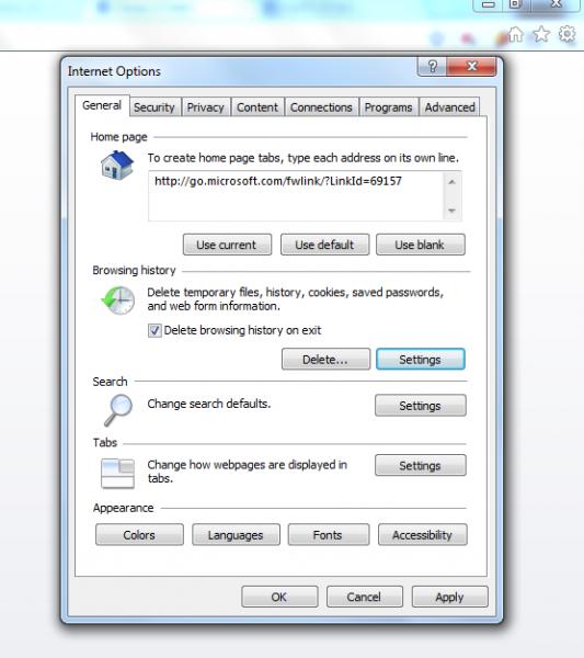 Internet options-delete browsing history on exit