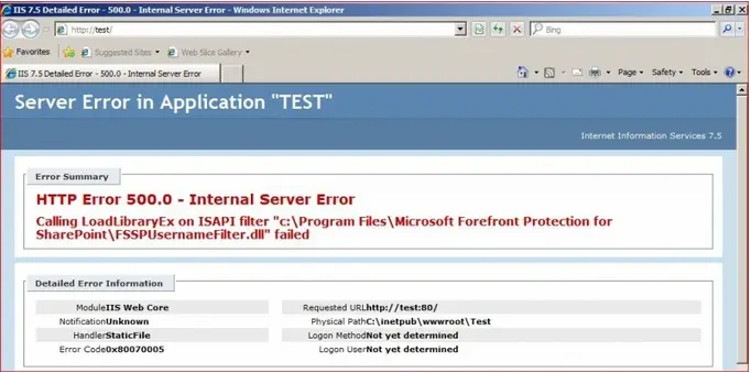 serve error in application "test"
