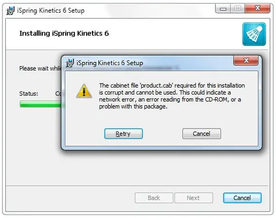 iSpring Kinetics 6 Setup The cabinet file 'product.cab' required for this installation is corrupt and cannot be used