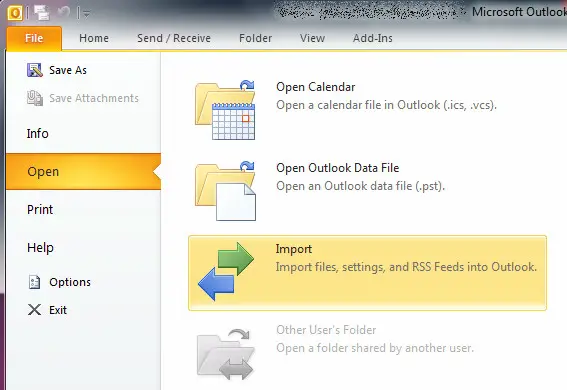 Open Outlook 2010 Click Import