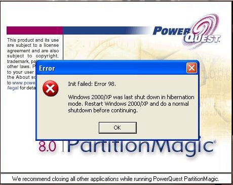 Init failed: Error 98-Windows 2000/XP was last shut down in hibernation mode