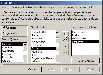 Sample Tables click Mailing List