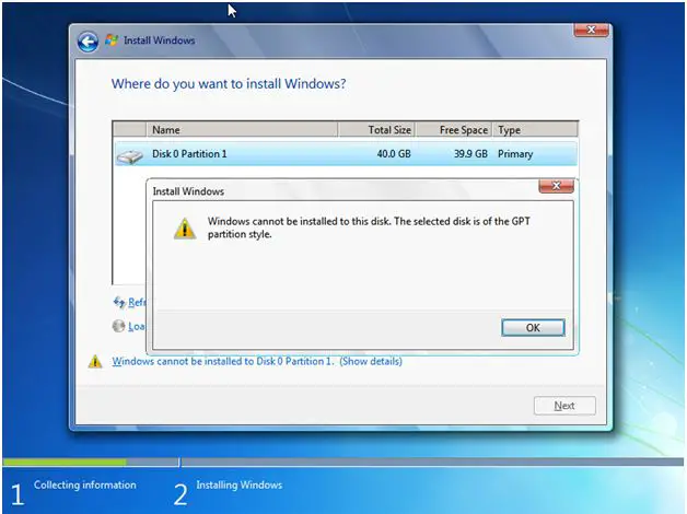 Install Windows Windows cannot be installed to this disk- The selected disk is of the GPT partition style.