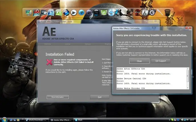 Installation Failed One or more required components of Adobe After Effects CS4 failed to install correctly