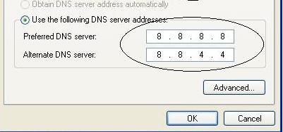 Preferred DNS server put 8.8.8.8, and in your Alternate DNS put 8.8.4.4,