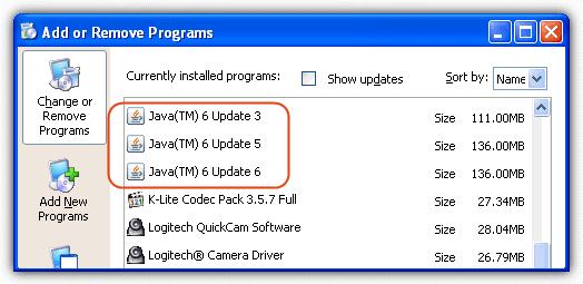 Add or remove Program Java Update