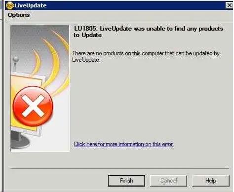 LU1805: LiveUpdate was unable to find any products to Update There are no products on this computer than can be updated by LiveUpdate