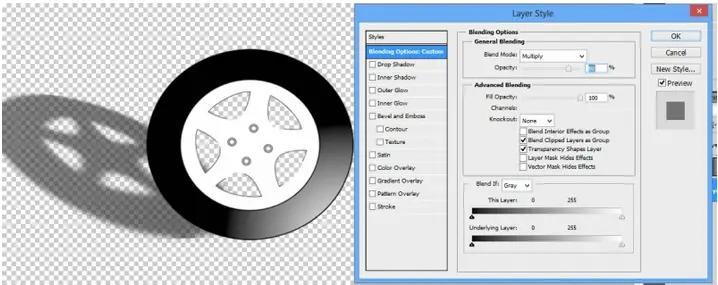 choose "Blending options" and change the "Blending mode" of each one to "Multiply".