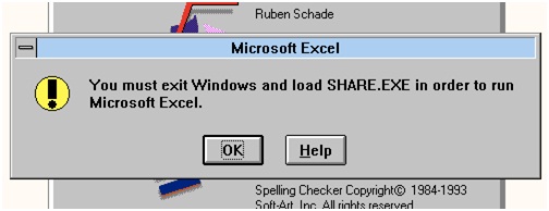 You must exit Windows and load SHARE EXE in order to run Microsoft Excel
