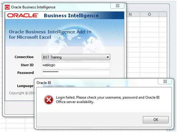 Login Failed. Please check your username, password and Oracle BI Office server availability