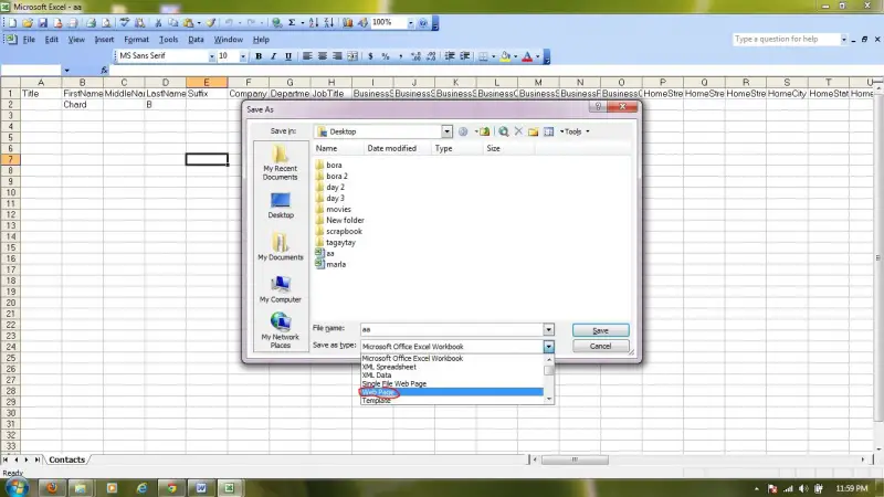 Save As Type, select Web Page 