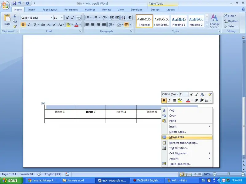 merge cell in MS word