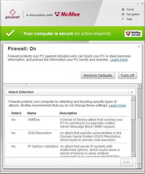 McAfee firewall on