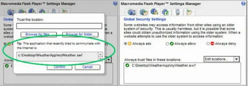 Macromedia flash player security-settings manager-edit location-trust this location