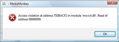 Access violation at address 75D6ACF2 in module’ msvcrt.dll’. Read of address 00000000.