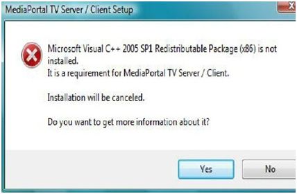 MediaPortal TV Server / Client Setup-Microsoft visual C + + 2005 SP1 redistributable Package (x86) not installed