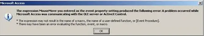A problem occurred while Microsoft Access was communicating with the OLE server or ActiveX Control.