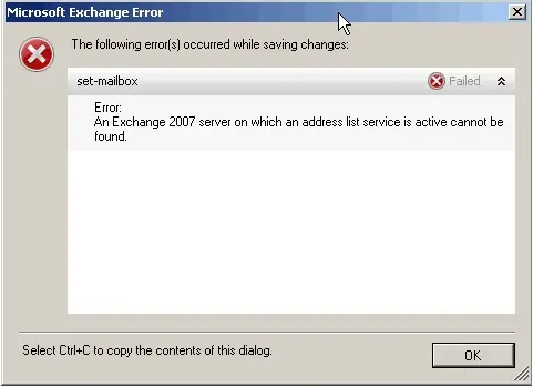 Microsoft Exchange Error 2007 Server