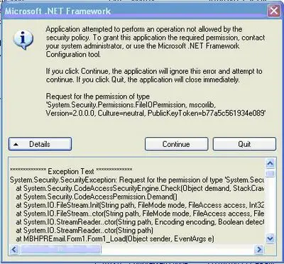 Microsoft .NET Framework Application error window console
