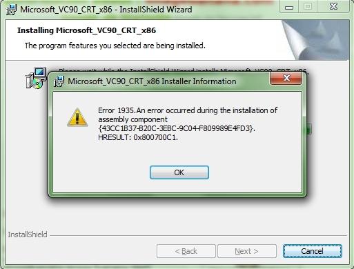 Visual C++ program runtime module installation error -number 1935, 