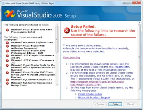 Microsoft Visual Studio 2008 setup failed