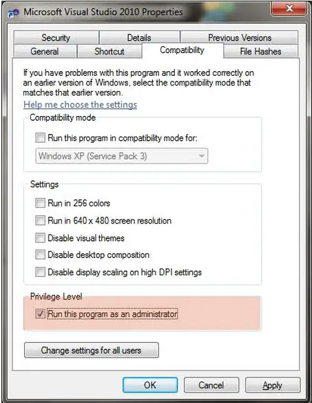 launch Visual Studio with administrative permissions