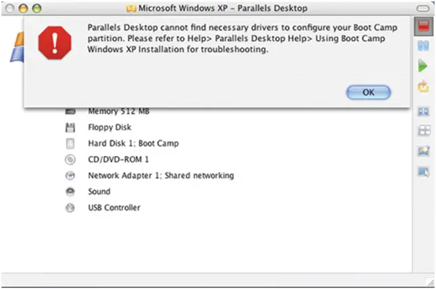 Parallel desktops cannot find necessary drivers to configure your boot camp partition. Please refer to help> Parallel desktop help> using boot camp Windows XP installation for troubleshooting