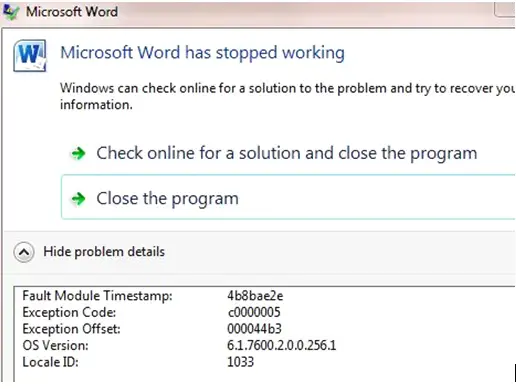 Exception Code: c0000005 Exception Offset: 000044b3