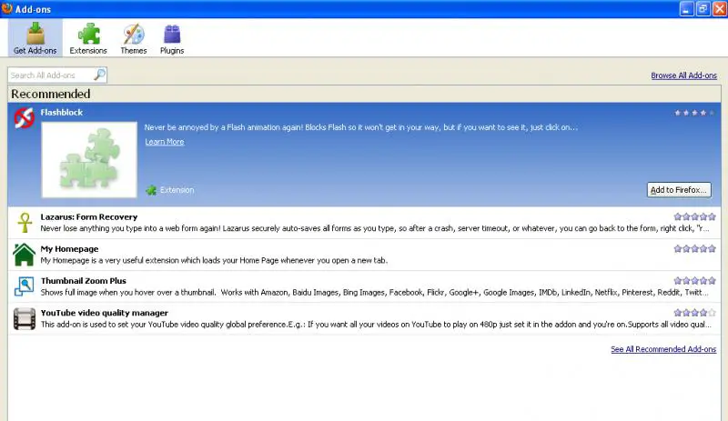 Recommended Add-ons Firefox