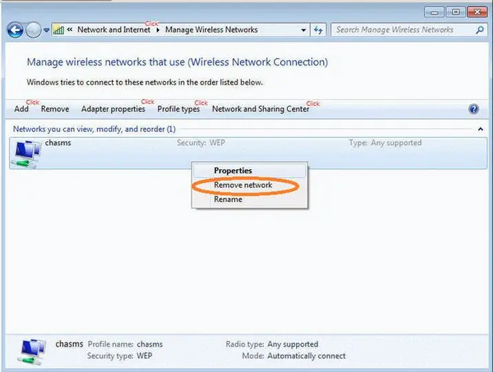 Screenshot to delete saved networks